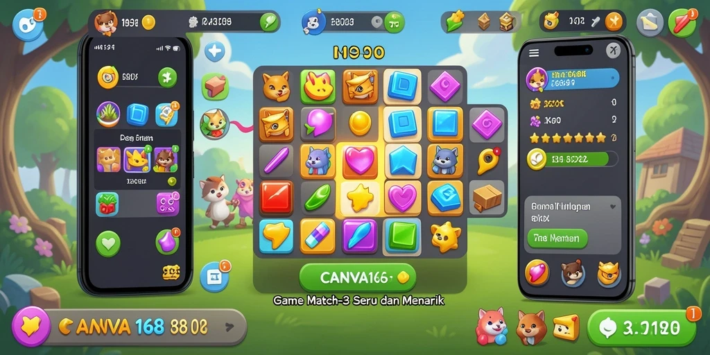 Tampilan screenshot CANVA168 menunjukkan gameplay Match-3 yang penuh warna.