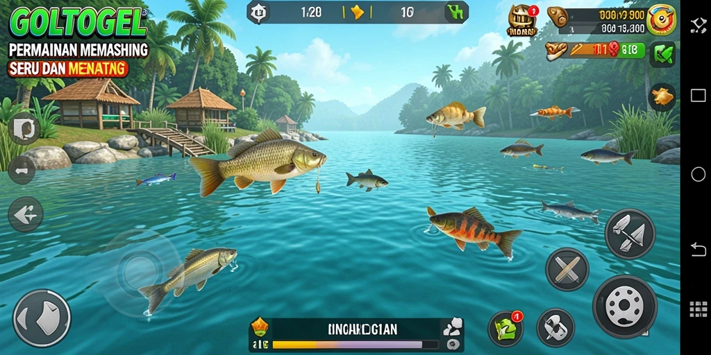 Gameplay GOLTOGEL yang menunjukkan aksi menangkap ikan.