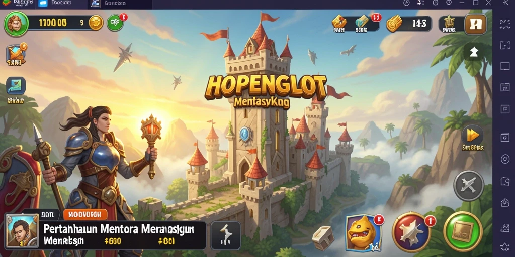 Screenshot gameplay HOPENGSLOT dengan menara yang tangguh dan musuh menyerang.