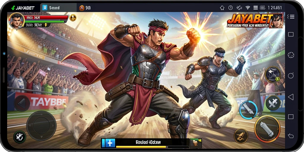 Tampilan gameplay mendebarkan dari JAYABET saat karakter bertarung di arena.