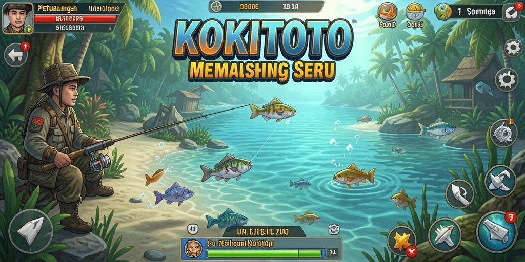 Tampilan menarik dari gameplay memancing KOKITOTO yang penuh warna.