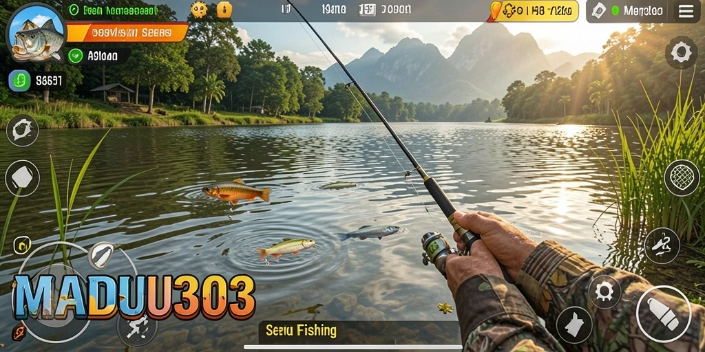 Tampilan gameplay MADU303 dengan memancing di lokasi yang indah.