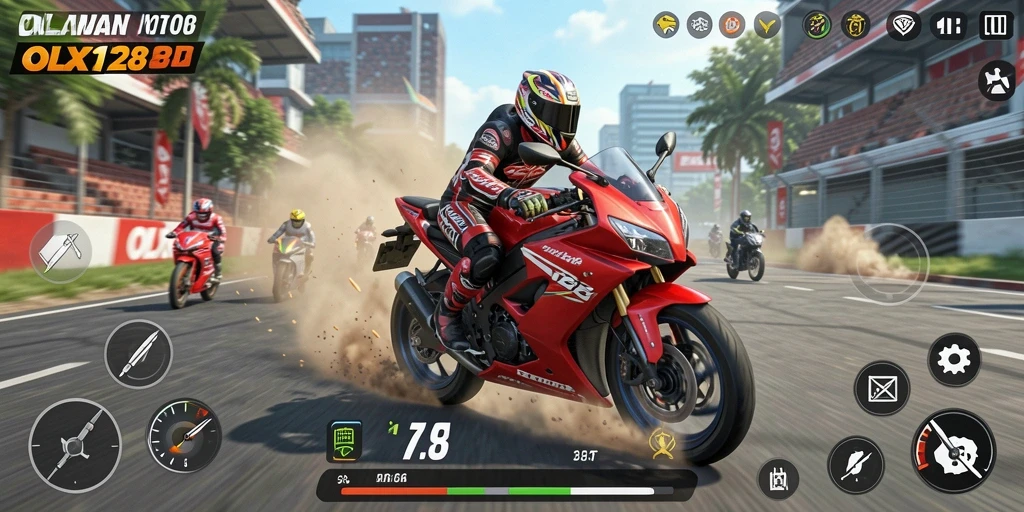 Tampilan gameplay seru dalam balapan motor OLX128.