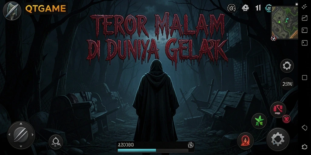 Screenshot gameplay QTGAME menampilkan momen menyeramkan di dunia gelap.
